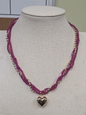 18k Gold Plated Heart and Pink Beaded Necklace